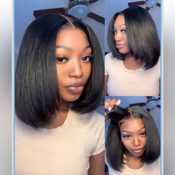 Other - Layered Yaki Straight Bob Drawstring Wig Human Hair 180% Density 7x5 Lace 14” #4